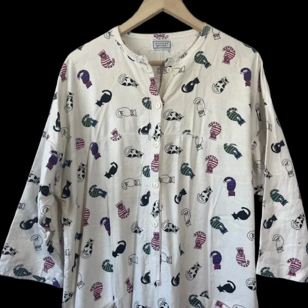 Jennifer Moore Off‎ White Cotton Flannel Cat Print Onesie Sz M
